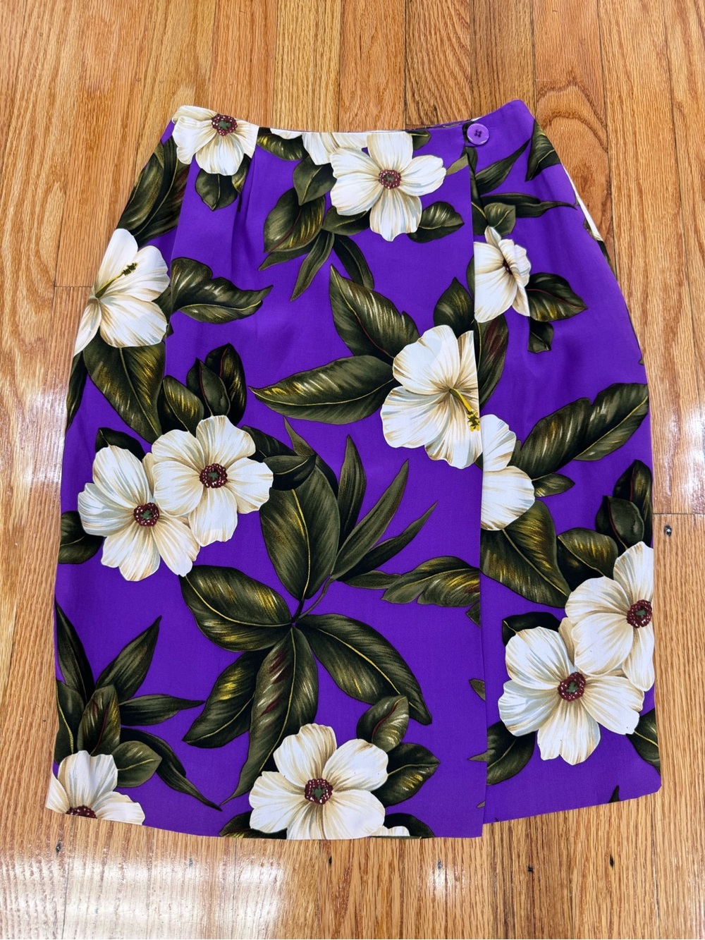 Dana Buchman Petites Purple Hawaiian Floral Print Faux Wrap Silk Pencil Skirt